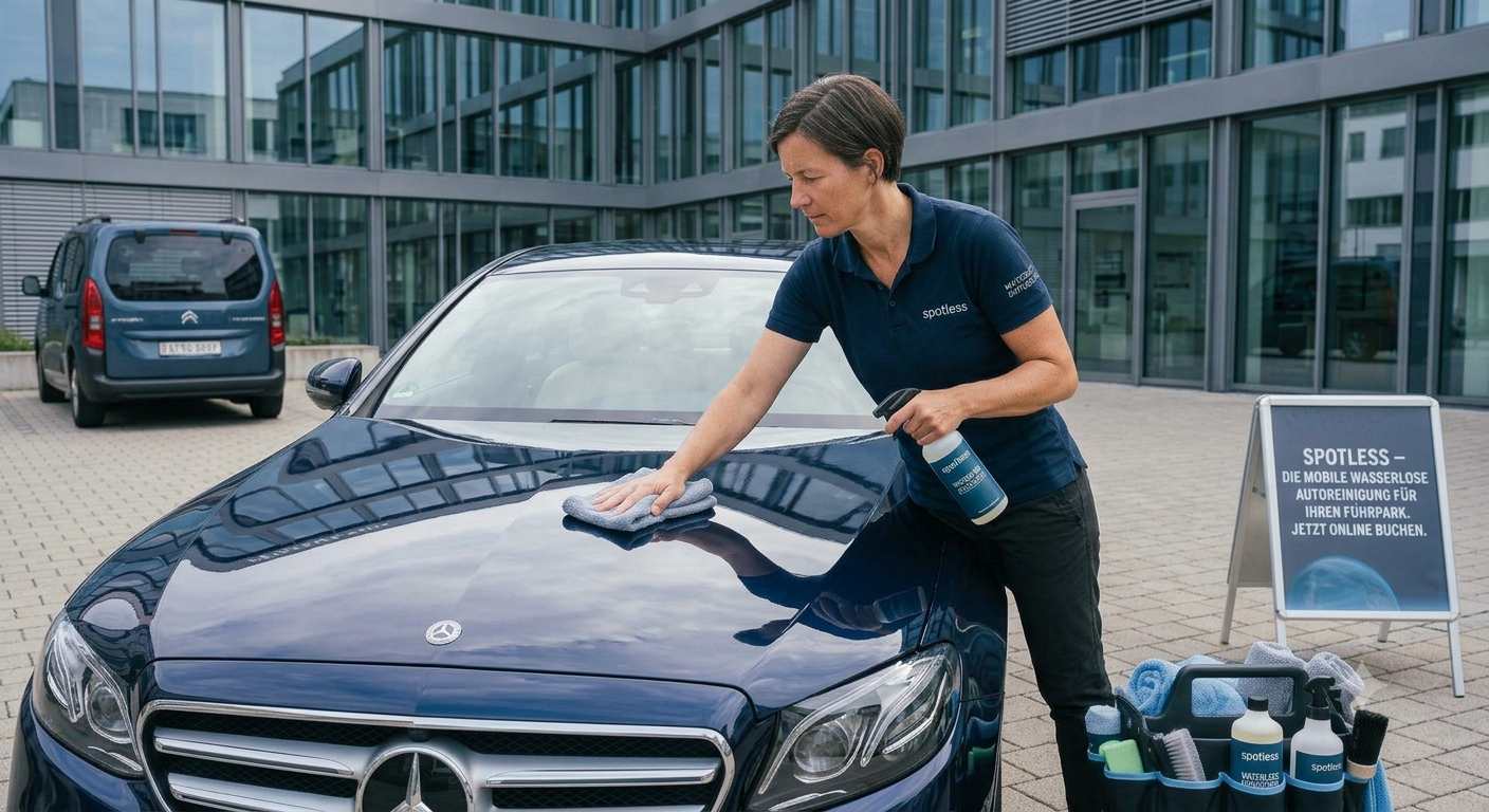 Spotless specialist wiping down a Mercedes at a business park