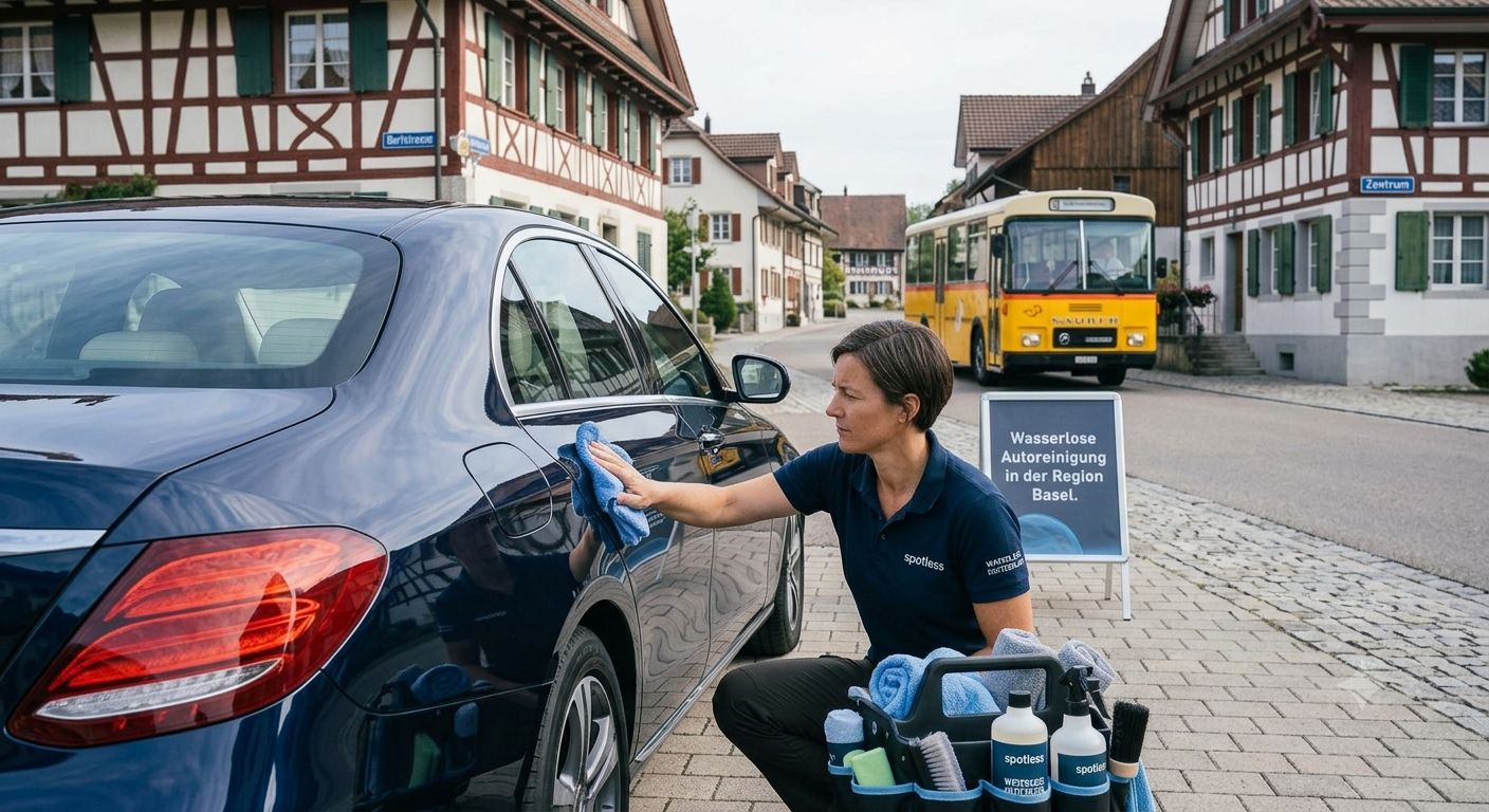 Spotless specialist cleaning a Mercedes in a Swiss village