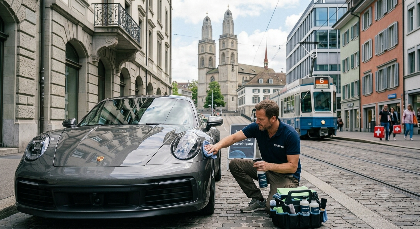 Spotless specialist detailing a Porsche near the Grossmünster in Zürich