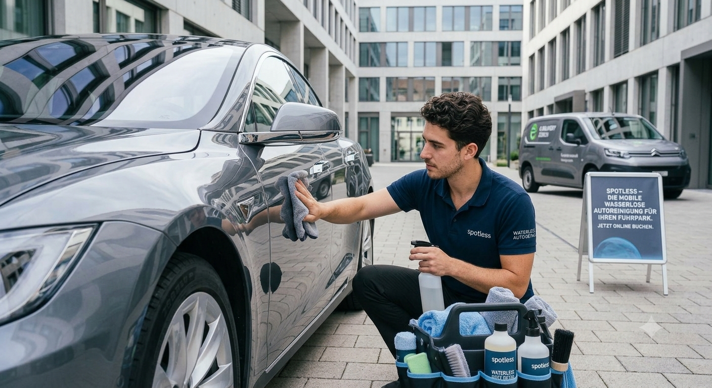 Spotless specialist detailing a Tesla outside a modern office