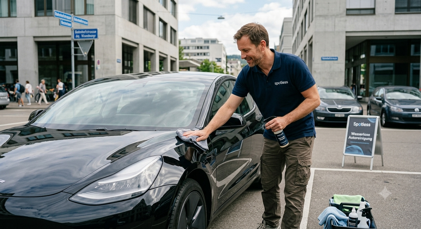 Smiling Spotless specialist cleaning a black Tesla